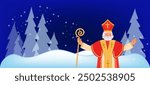 Cute Christmas  greeting card with Saint Nicholas on blue background. European winter tradition. Hand drawn flat design, vector illustration.