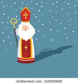 Cute Christmas greeting card with Saint Nicholas with falling snow, drop shadow and pastoral staff. European winter tradition. Hand-lettered text. Flat cartoon design, vector illustration.