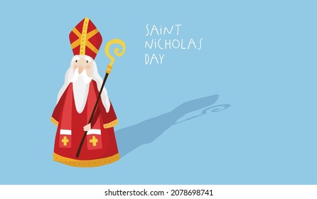 Cute Christmas greeting card. Saint Nicholas, drop shadow and pastoral staff. European winter tradition. Hand-lettered text. Flat cartoon design, isolated vector illustration blue background banner.