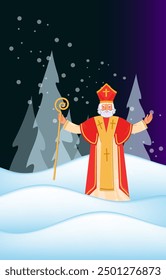 Cute Christmas  greeting card with Saint Nicholas on blue background. European winter tradition. Hand drawn flat design, vector illustration.