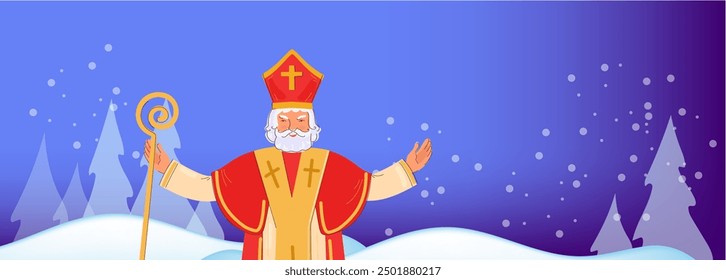 Cute Christmas  greeting card with Saint Nicholas on blue background. European winter tradition. Hand drawn flat design, vector illustration.