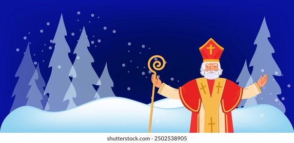 Nette Weihnachtsgrußkarte mit Sankt Nikolaus auf blauem Hintergrund. Europäische Wintertradition. Handgezeichnetes, flaches Design, Vektorgrafik.