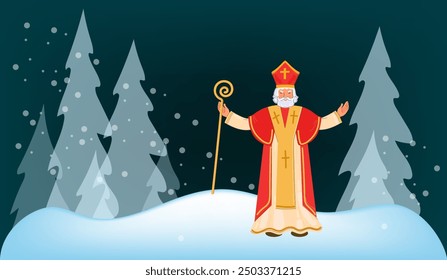 Cute Christmas  greeting card with Saint Nicholas on blue background. European winter tradition. Hand drawn flat design, vector illustration.