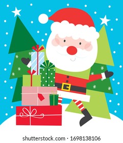 cute christmas greeting card with santa and christmas gift on blue background