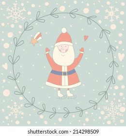 Cute Christmas greeting card with Santa Claus. EPS 10. No transparency. No gradients.