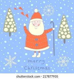 Cute Christmas greeting card with Santa Claus. EPS 10. No transparency. No gradients.