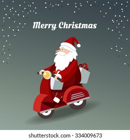 Cute christmas greeting card with Santa Claus driving red scooter and delivering gifts, vector illustration  background