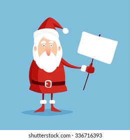 Cute christmas greeting card with Santa Claus holding transparent, flat design, vector illustration background