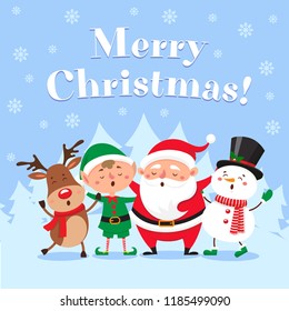 Cute christmas greeting card. Singing Santa Claus, funny snowman character, reindeer red nose and Xmas elf characters on winter snow party. Happy new year text invitation, 2019 vector illustration