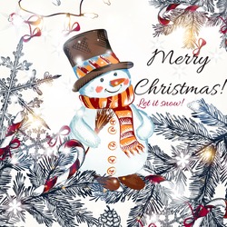 Cute Christmas Greeting Card With Snowman, Xmas Tree, Decorations And Lights