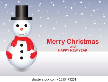 Cute Christmas greeting card with snowman and bullfinch. Greeting card with snowmen and snowfall. Illustration for Christmas design.