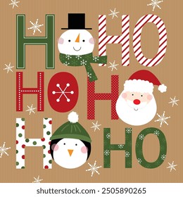 cute christmas greeting card with snowman, santa claus and penguin design