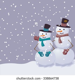 Cute Christmas greeting card with snowman and snowfall