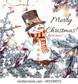 Cute Christmas greeting card with snowman, Xmas tree, decorations and lights