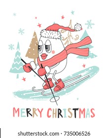 Cute Christmas greeting card with snowman skiing.Vector illustration