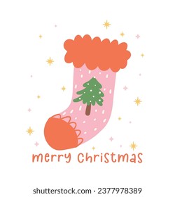 cute Christmas greeting card, christmas stocking sock. This minimal and cheerful design is perfect for creating a merry and bright greeting card that will spread joy and happiness.