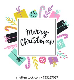 Cute Christmas greeting card template. Vector hand drawn illustration. 