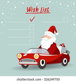 Cute Christmas greeting card, wish list with Santa Claus, retro sports car and gifts, vector illustration  background