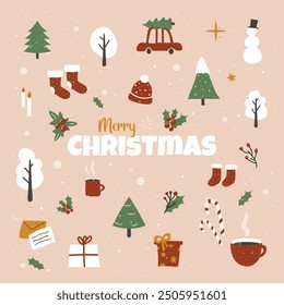 Cute Christmas greeting card.Merry Christmas.New Year elements gifts,car,hat,fir tree,snowman,candy,cocoa,branches, berries,snowflakes and snow.Vector.Great for banners,wallpapers,wrapping.