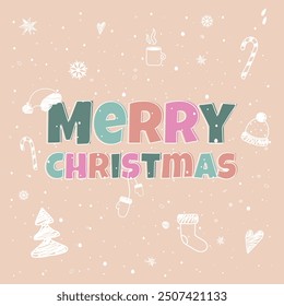 Cute Christmas greeting card.Merry Christmas.New Year elements gifts,hat,fir tree,candy,cocoa, snowflakes and snow.Pastel colors.Great for banners,wallpapers,wrapping.