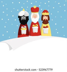 Cute Christmas greeting cards, invitation with three magi bringing gifts and blank paper. Biblical kings Caspar, Melchior and Balthazar. Flat design, vector illustration background.