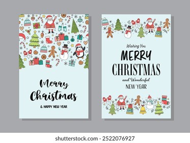 Cute Christmas greeting cards set with hand drawn ornaments. Vector illustration