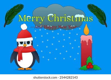 Cute Christmas greeting with a festive penguin, candle, snowflakes, and holly. Perfect for holiday cards, invitations, and decorations.