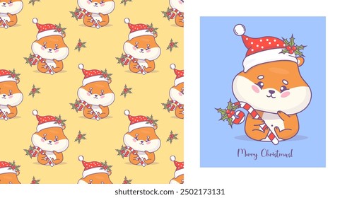 Cute Christmas hamster postcard and background. Seamless pattern with funny cartoon rodent kawaii character in Santa hat with striped candy cane with holly. Vector illustration. Kids collection