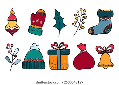 Cute Christmas hand draw design elements set with festive decorations: bauble, mitten, holly, Santa Stocking, gift box, santa bag, bell, knitted cap 