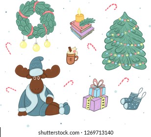 Cute Christmas hand drawing vector set of fir-tree, gifts, deer, cup of coffee, stockings, candle, books, wreath and candy