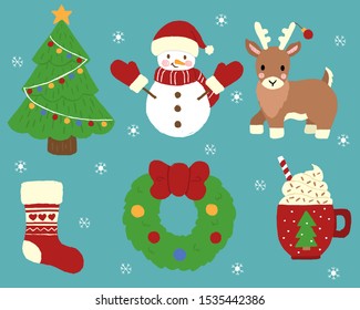 Cute Christmas hand drawn clipart consisting of a Christmas tree a snowman a reindeer a sock a wreath and a cup of hot chocolate
