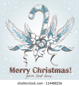 Cute Christmas hand drawn ink retro postcard with  tasty candy cane decorated with fir branches, holly berries and celebration ribbons