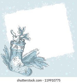 Cute Christmas hand drawn ink retro postcard with funny xmas stocking full of presents, candy cane, plush santa's reindeer toy. Vector illustration