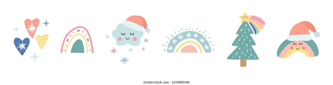 Cute Christmas hand drawn rainbows. Kid nursery collection. Trendy christmas tree, santa hat, cloud with snowflakes, star and heart. Holiday design elements. Baby shower. Vector illustration.