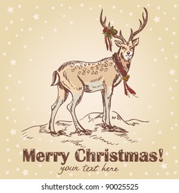 Cute Christmas hand drawn retro postcard with beautiful santa's deer, holly berries and star backdrop. Vector illustration