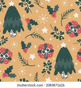 cute christmas hand drawn seamless vector pattern illustration with cartoon christmas tree, gift box, holly, stars, snowflakes, mistletoe and other traditional holidays elements on yellow background