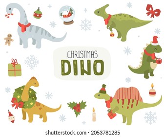 Cute christmas happy dino collection. Set of festive dinosaurs and decoration. 