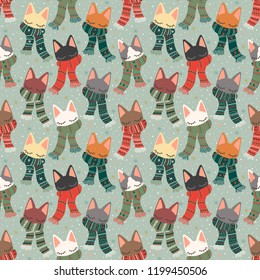 Cute christmas and happy new year cats with scarfs on falling snow background, seamless vector repeat pattern. Trendy flat style. Great for fabrics, scrapbooking, wrapping paper, cards, wallpaper etc.