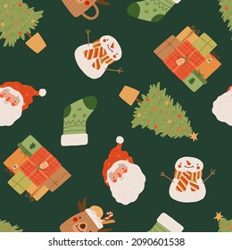 Cute Christmas and Happy New Year seamless pattern. Santa Claus, gift boxes, stocking, snowman, tree, cocoa cups . Vector cartoon flat illustration.