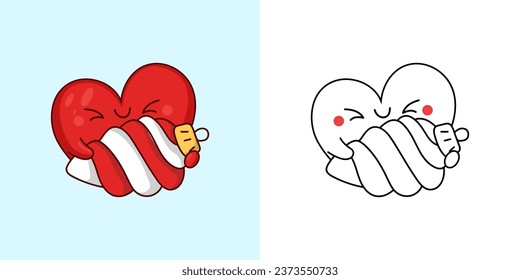 Cute Christmas Heart Clipart Illustration and Black and White. Funny Clip Art Christmas Heart. Cute Vector Illustration of a Kawaii Character for Christmas Stickers. 