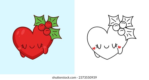 Cute Christmas Heart Illustration and For Coloring Page. Cartoon Stickers New Year Heart. Beautiful Vector Illustration of Kawaii Character for Xmas Stickers. 