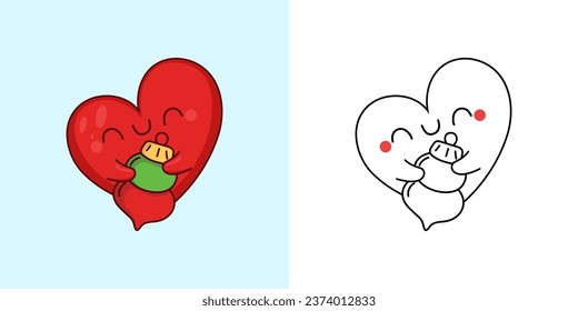 Cute Christmas Heart Illustration and For Coloring Page. Cartoon Stickers New Year Heart. Beautiful Vector Illustration of Kawaii Character for Xmas Stickers. 