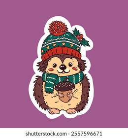 Cute Christmas Hedgehog Character. Animal Vector. Hedgehog in Winter Scarf and Mistletoe on Hat. Hand Drawn Illustration. Animal Holidays Cartoon Character. Suitable for sticker, textile, package.