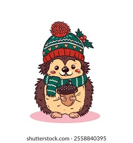 Cute Christmas Hedgehog Character. Hedgehog in Winter Scarf and Mistletoe on Hat. Hand Drawn Vector Illustrations Collection Isolated on White Background.