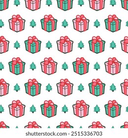Cute Christmas Holiday Gift Boxes and Pine Trees. Ideal for festive party decor, holiday wrapping paper, or seasonal designs, this pattern brings a touch of holiday cheer to any creative work.