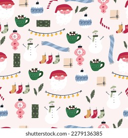 Cute Christmas holiday seamless pattern, flat vector illustration on beige background. Hand drawn winter elements - Santa Claus, snowman, gift boxes, garland and cup of cocoa drink.