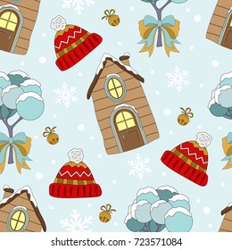 Cute Christmas holiday seamless pattern. Hand drawing vector illustration.