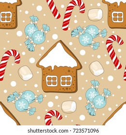 Cute Christmas holiday seamless pattern. Hand drawing vector illustration.