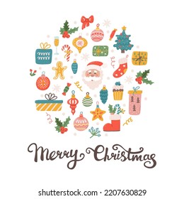 Cute Christmas holiday set in circle with gifts and decorations for the Christmas tree, vector flat illustration in hand drawn with hand lettering