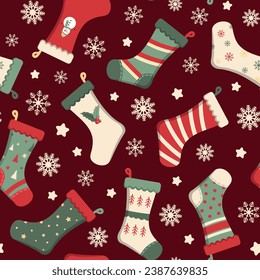 Cute Christmas holiday socks on a red background. Vector seamless pattern Design for festive wallpapers, wrapping, or textile